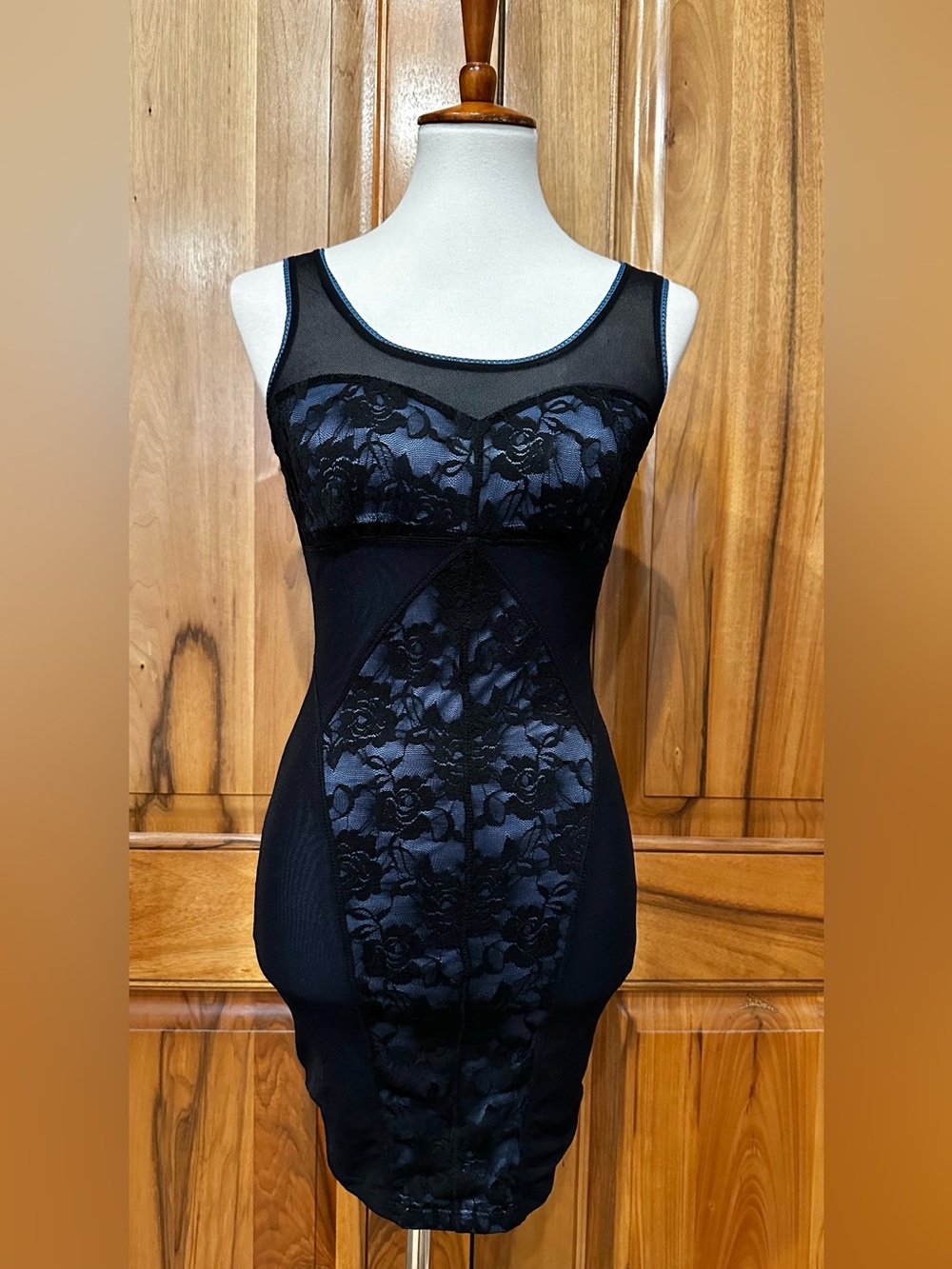 Solemio Sheer Black Lace Paneled Bodycon Minidress, Lined in Light Blue, S, EUC